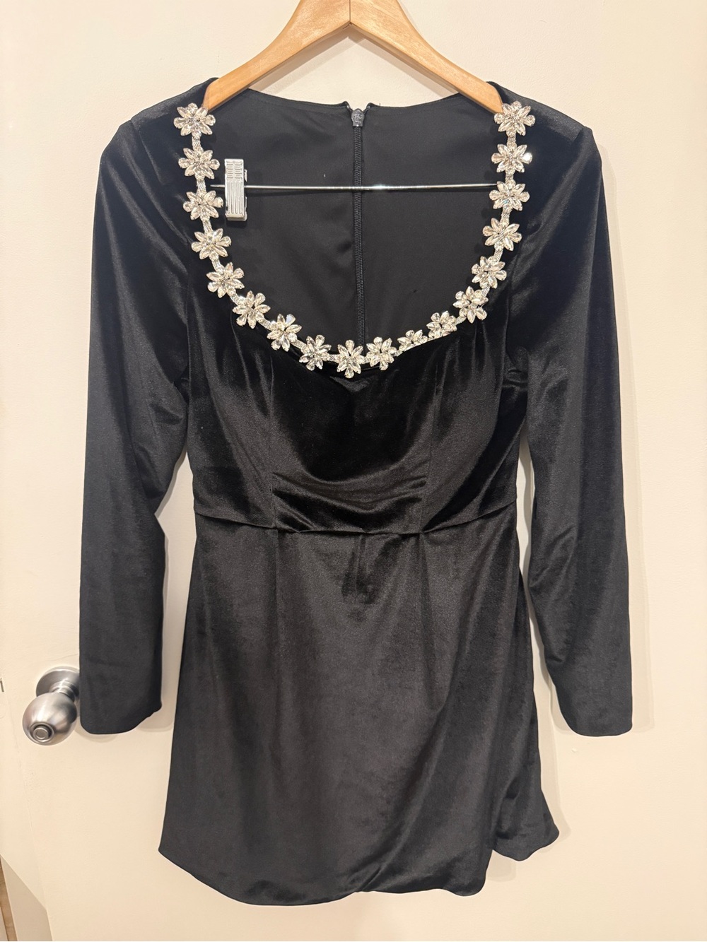 Black Velvet Long-Sleeve Mini Dress with Floral Crystal Neckline